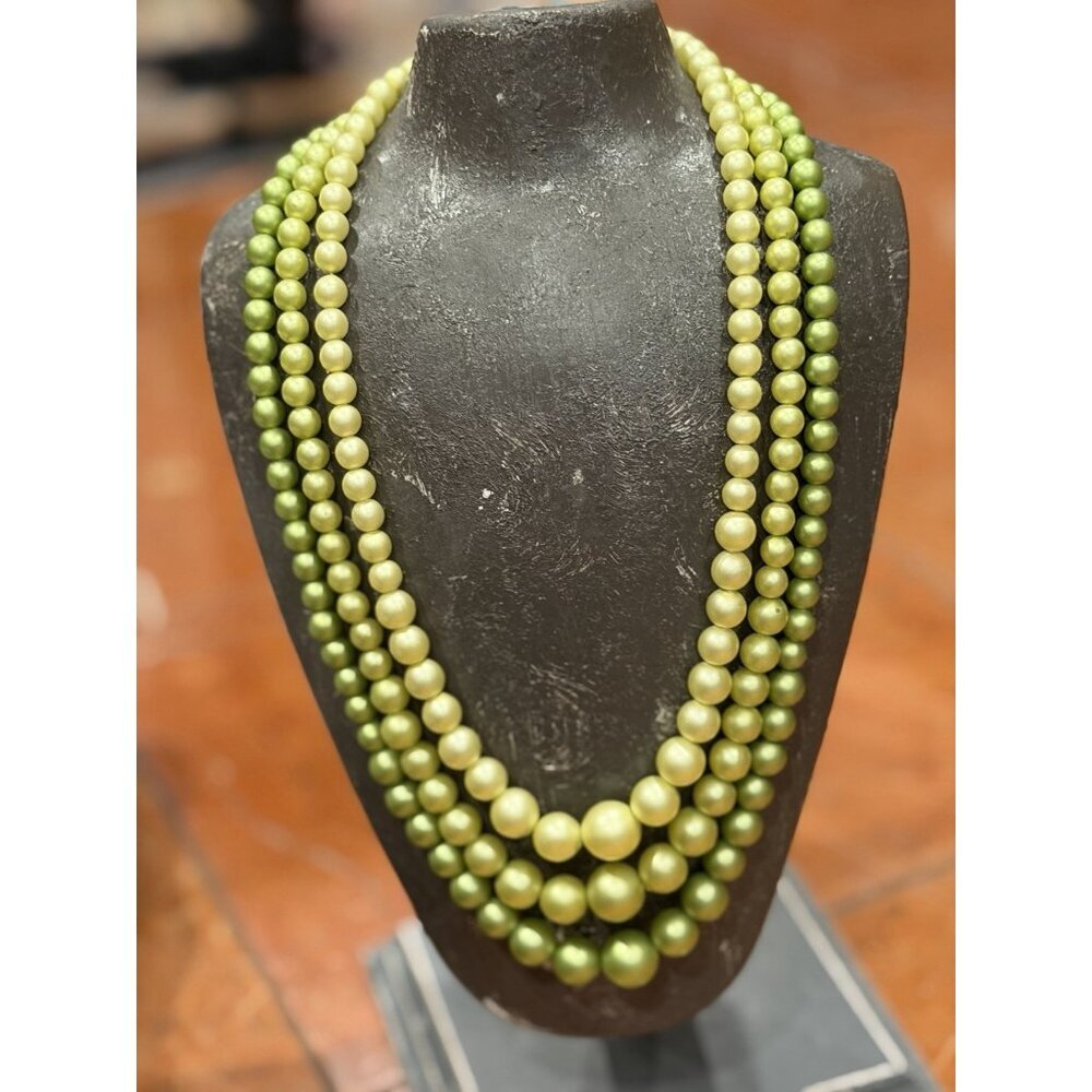 HONG KONG OMBRE SHADES OF GREEN FAUX PEARL GRADUATED BEADS 3 STRAND NECKLACE EU